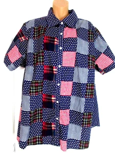 QUIZZ WOMENS 3X SHIRT BUTTON UP COTTON PLAID PATRIOTIC SHORT SLEEVE SHIRT COMFY - Picture 1 of 6
