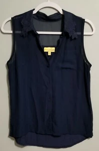Princess Vera Wang Womens Med Sheer Dark Blue Sleeveless Button Down Shirt Tank - Picture 1 of 5