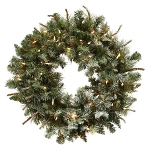 30" SILK LIGHTED FROSTED ARTIFICIAL HOLIDAY CHRISTMAS PINE WREATH w/ LIGHTS - Picture 1 of 2