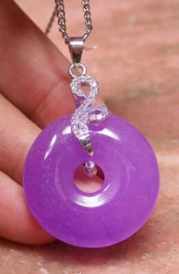 Lavender Purple Jade Peace Buckle Cubic Zirconia Flower 18KGP Pendant Necklace - Picture 1 of 6