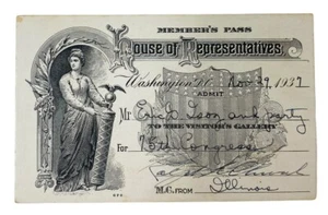 US HOUSE OF REPRESENTATIVES MEMBER'S PASS-REP. RALPH CHURCH, ILLINOIS 11/29/1937 - Imagen 1 de 3