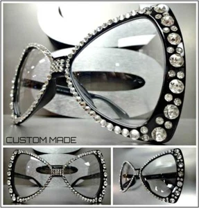 OVERSIZE EXAGGERATED Clear Lens EYE GLASSES Bling Crystals Bow Shape Black Frame - Picture 1 of 7