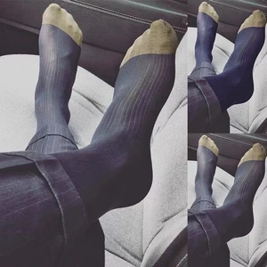 Calze eleganti business al ginocchio per uomo ultra sottili trasparenti a righe setose 1 paio - Foto 1 di 18