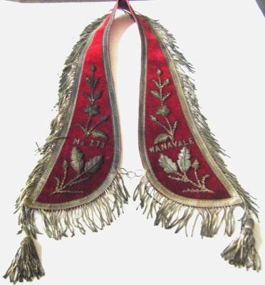 Antique Odd Fellows ceremonial sash collar silver metallic tassel red velvet - Image 1 of 4