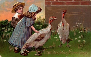 POSTCARD THANKSGIVING KIDS WITH TWO WHITE TURKEYS EMBOSSED - Picture 1 of 2