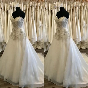 Elegant Wedding Dresses Strapless Beading Lace Applique Beach Train Bridal Gown - Picture 1 of 9