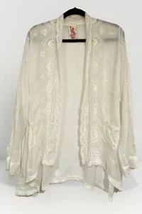 Vintage 70-80er Johnny Was Elfenbein Stickerei & Spitze Kimono Strand Halstuch Gr-M - Bild 1 von 15