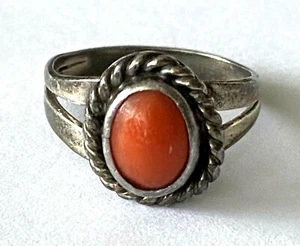 Vintage Red Coral Rope Native American Ring Sterling Silver 925 Size 3.5 Patina  - Picture 1 of 12