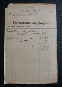 Vintage 1921 Coshocton Ohio City Hospital Patient Statement - Picture 1 of 3