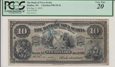 1919 Bank of Nova Scotia $10 Chartered Bank Note - 550-18-16 - PCGS VF20   A3 - Image 1 of 3