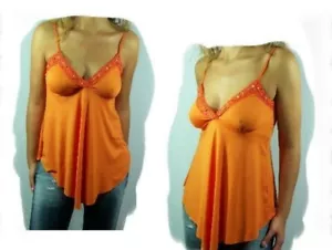 Sexy Miss Damen Girly Tunika Top Babydoll Perlen Häkelspitze 34/36/38 NEU orange - Bild 1 von 2