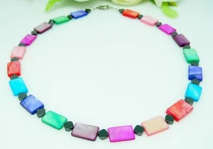 Halskette Perlmutt Rechteck bunt mehrfarbig multicolor Hämatit schwarz 131j - Bild 1 von 12