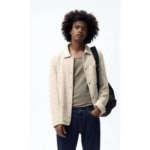 $119 *FLAWED* New Zara Textured Cream Tweed Long Sleeve Overshirt Jacket Size S - Picture 1 of 13