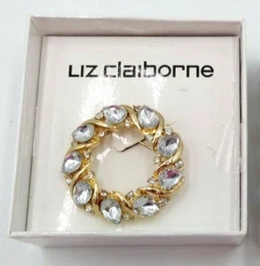 Liz Claiborne Beautiful Large Blue Rhinestone Gold Tone Circle Brooch Pin NIB - Picture 1 of 2