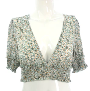 Summer Crop Top Puff Short Sleeves V Neck Blouse Elastic Hem Teen Girls UK 8 - Picture 1 of 9