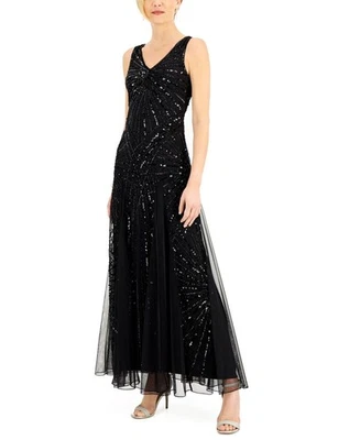 Vestido para mujer J Kara cuello en V chifón poliéster diseño cuentas negro 16 nuevo Foto 1 de 3