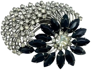 Vintage Rhinestone MCM 50’s 60’s Brooch Large Flower Floral Pin Black Glass - Picture 1 of 7