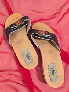 Vintage Dr. Scholl’s Holz-Clog Trainingssandalen blau Leder hergestellt in Italien Größe 5 - Bild 1 von 5