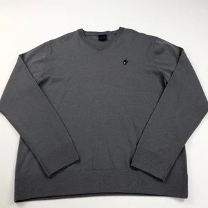 Dunning Merino Wool Large Mens Pullover V-Neck Sweater Gray Logo - Picture 1 of 14