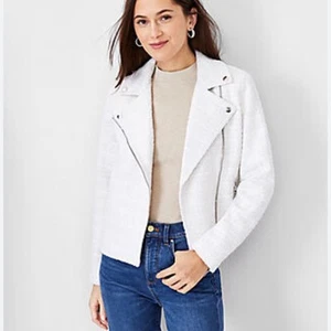 Ann Taylor Petite Tweed Jacket Coat Size 6P Moto Asymmetrical Zip Cream White - Picture 1 of 10