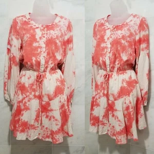 Blu Pepper Tie Dye Print A Line Dress Pink White Cotton Medium Button Front - Picture 1 of 7