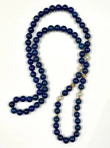 14K LAPIS LAZULI PEARL & YELLOW GOLD BEAD NECKLACE 28" 68 GRAMS - Picture 1 of 9