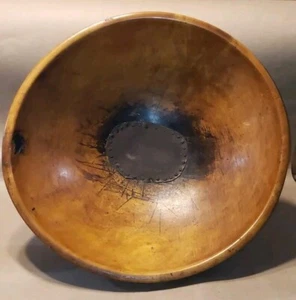 ANTIQUE PRIMITIVE WOODEN BOWL 17" ROUND WITH NAILED METAL REPAIR INCERT OLD - Picture 1 of 13