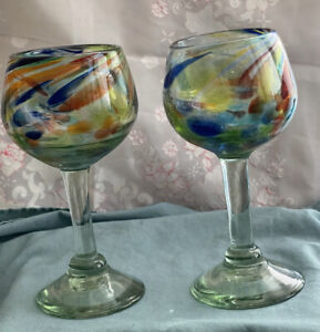 2 Mexico Hand Blown Confetti Wine Water Goblet  Speckled Glass Mexican