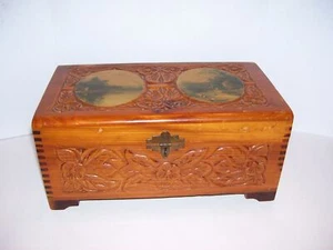 Vintage AntiqueCarved Dovetailed Wood Chest Box - Picture 1 of 4