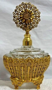 Vanity Perfume Bottle Filigree Ormolu Metal Glass Rose Flower Dauber Vintage - Picture 1 of 6