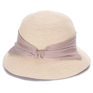 Beige Damen packbar Strohschleife elegant breite Krempe Sommer Sonne Strandmütze T516 - Bild 1 von 8