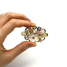 Genuine Mother Of Pearl Shell Carved Flower Natural Bead Crystal Brooch Pin Gift