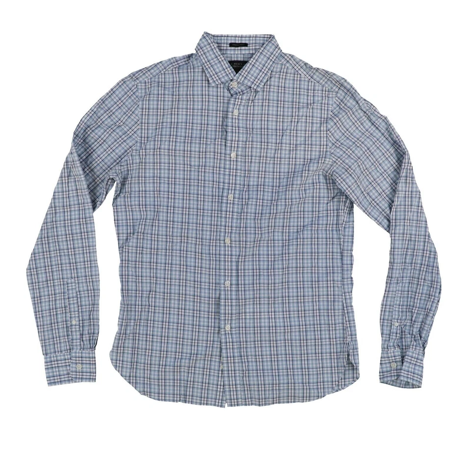 Bloomingdale's Slate Blue Plaid Classic Fit Long Sleeve Shirt US Medium