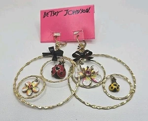 Betsey Johnson Vintage Lady Bug Flower 3 Dangle Hoop Gold Tone Earings - Picture 1 of 8