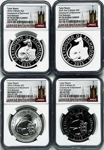 2025 GB TUDOR BEASTS GREYHOUND NGC REV PF70/PF70/PF70/MS69 4-COIN SET POP-1 EBAY - Picture 1 of 16