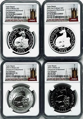 2025 GB TUDOR BEASTS GREYHOUND NGC REV PF70/PF70/PF70/MS69 4-COIN SET POP-1 EBAY - Image 1 of 4