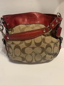 Bolso de Hombro Hobo COACH Zoe Signature Monograma Jacquard - Borde de Cuero Rojo - Imagen 1 de 10