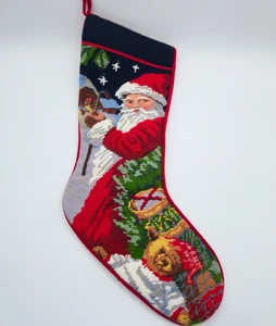 Vintage Handmade Lined Needlepoint Santa Claus Christmas Stocking Velvet Backing - Picture 1 of 6