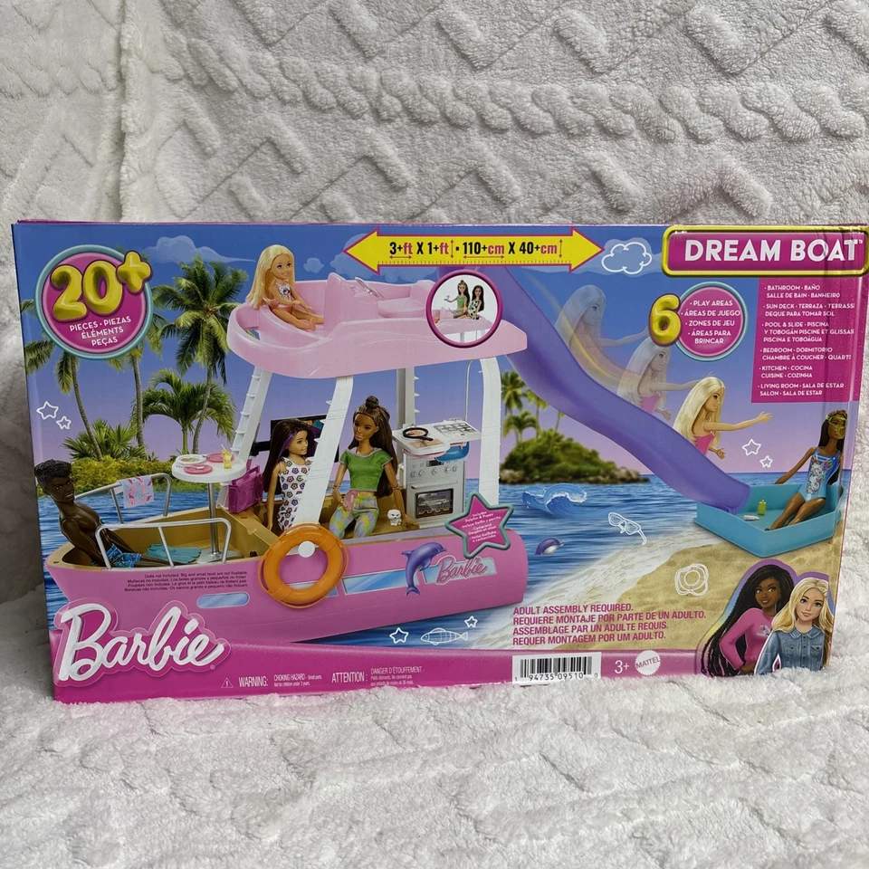 Juego Mattel Barbie Dream Boat 2022, 20+ piezas, tobogán para piscina - caja dañada HJV37 Foto 1 de 4