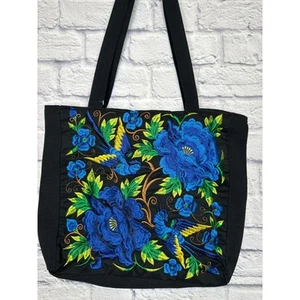 Black & Blue Embroidered Shoulder Canvas Tote Bag Floral & Birds NEW - 17" x 13" - Picture 1 of 1