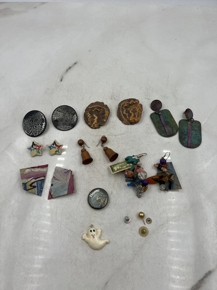 Vintage 80s 90s Artisan Statement Earrings Lot Mixed Wood Metal Art Pin Jewelry - Image 1 of 4