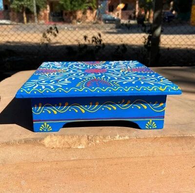 Wooden Blue Chowki Painted Stool Home Decor Low Table Indian Traditional Bajot - Image 1 of 4