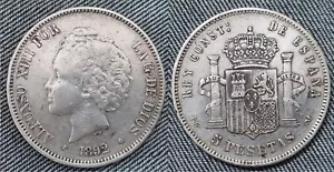 Alfonso XIII 5 pesetas 1892* 1892 PGM. Peso 24,95 gr. CON EXCELENTES RELIEVES. - Imagen 1 de 4