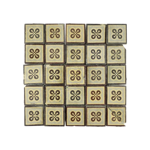 Antique 3.4 in. Square Quatrefoil Encaustic Floor Tile Set Cover