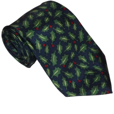 Corbata Antigua Azul Marino 59" Estampado Vacacional Novedad Seda Patrón Acebo Foto 1 de 4