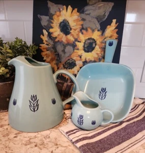 Vintage Cronin Blue Tulip Pottery Pitcher Creamer Skillet / Tray Cameron Bundle - Picture 1 of 14