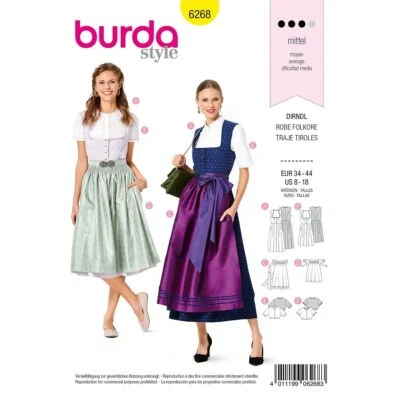 BURDA 6268 FOLKLORE DRESSES Misses Sewing Pattern Sizes 8 - 18 DIRNDL Style - Image 1 of 4