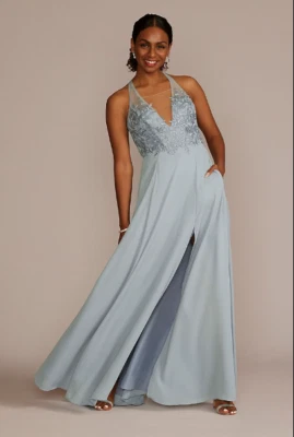 Vestido georgette de encaje halter DB GALINA SIGNATURE talla 0 azul polvoriento GS290070 NUEVO CON ETIQUETAS Foto 1 de 4