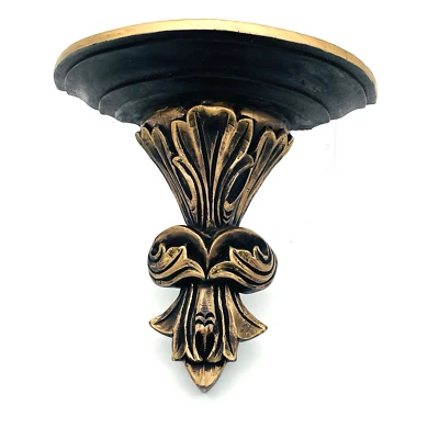 Vintage Ornate Hand Carved Wood Wall Decor Sconce Statement Shelf Black Gold 11" - Image 1 of 4