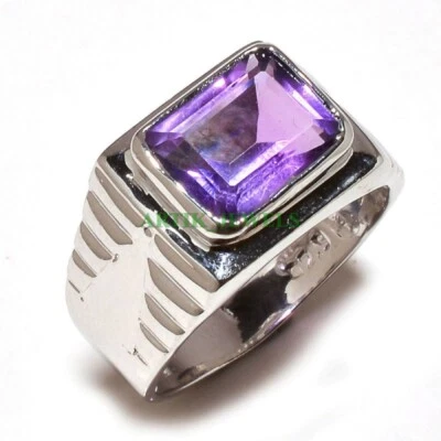Natural Amethyst Gemstone With 14K White Gold Plated Silver Ring for Men's #73 - Image 1 of 4